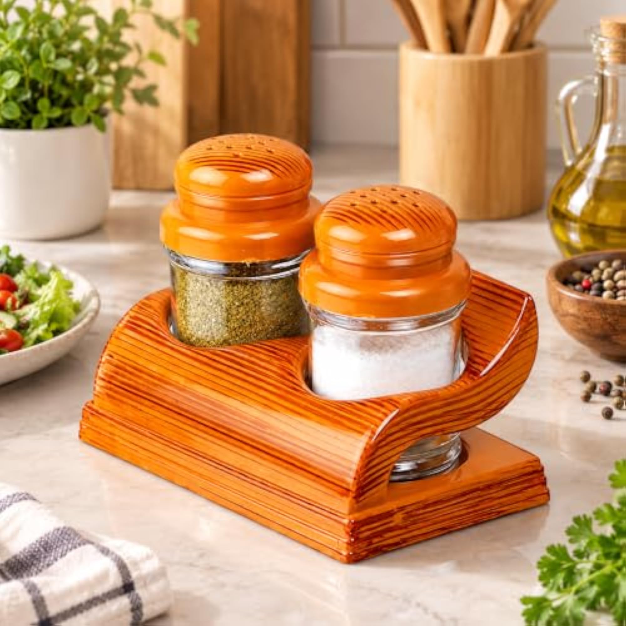 Decorative Salt and Pepper Shaker Set with Wooden Stand